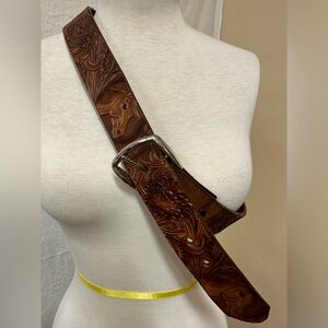 Genuine tooled leather horse western belt 45” long.